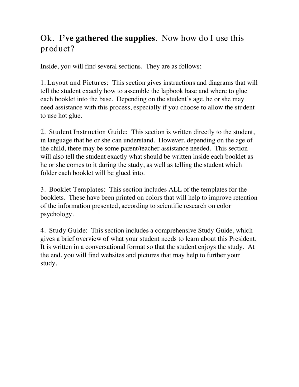 Product overview: the four sections are Layout and Pictures, Student Instruction Guide, Booklet Templates and Study Guide