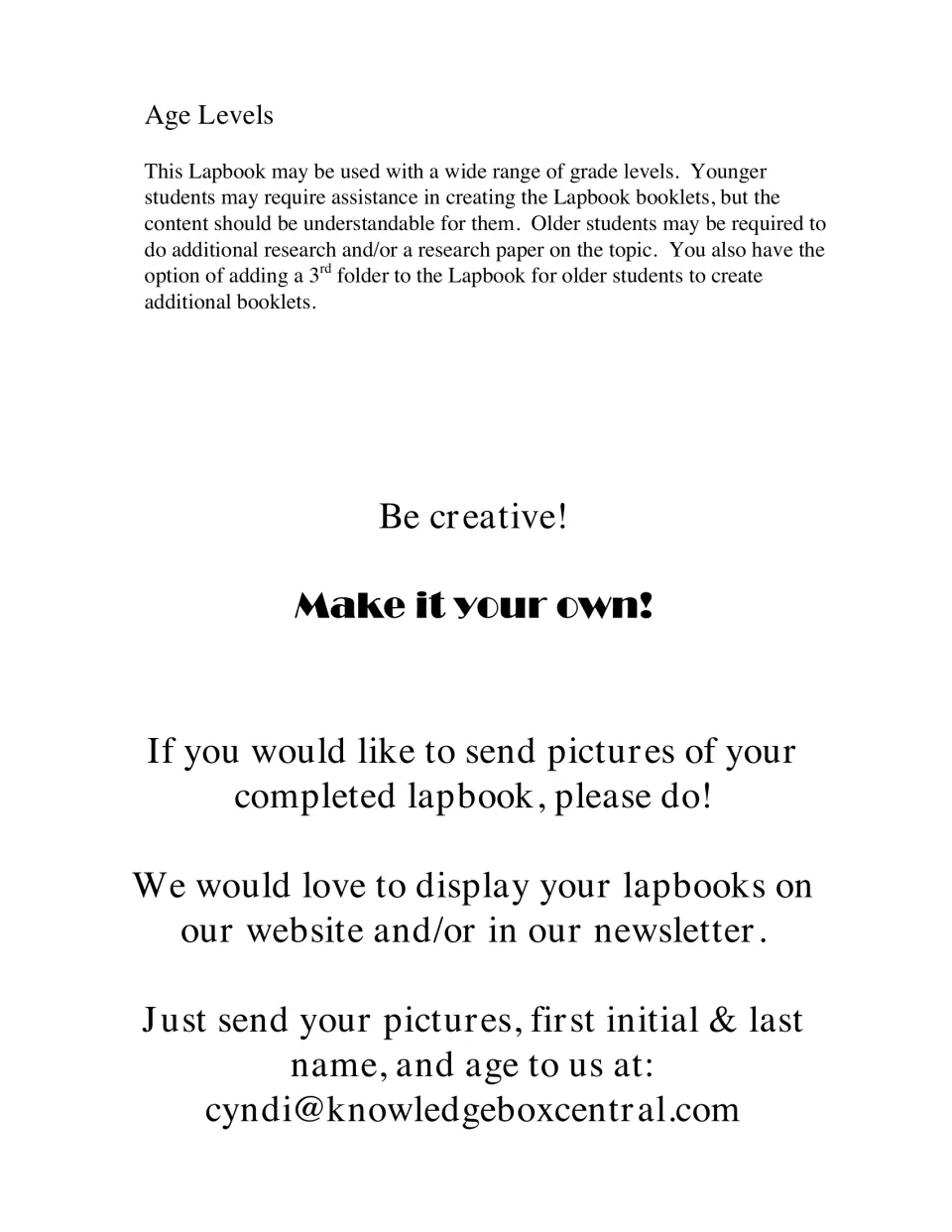 Age levels note on adapting the lapbook for younger and older students, plus a request to email photos of finished work