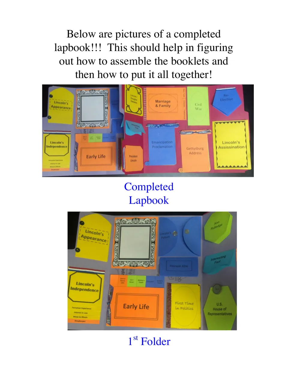Completed lapbook model: photos of the lapbook and first folder with booklets such as Lincoln's Appearance and Early Life