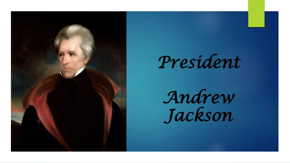Biography presentation cover titled 'President Andrew Jackson', featuring a painted portrait of Jackson