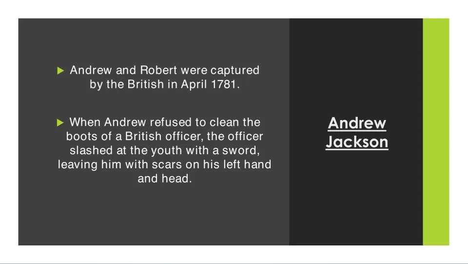 Biography slide describing the brothers' capture in April 1781 and a British officer's sword attack on Andrew