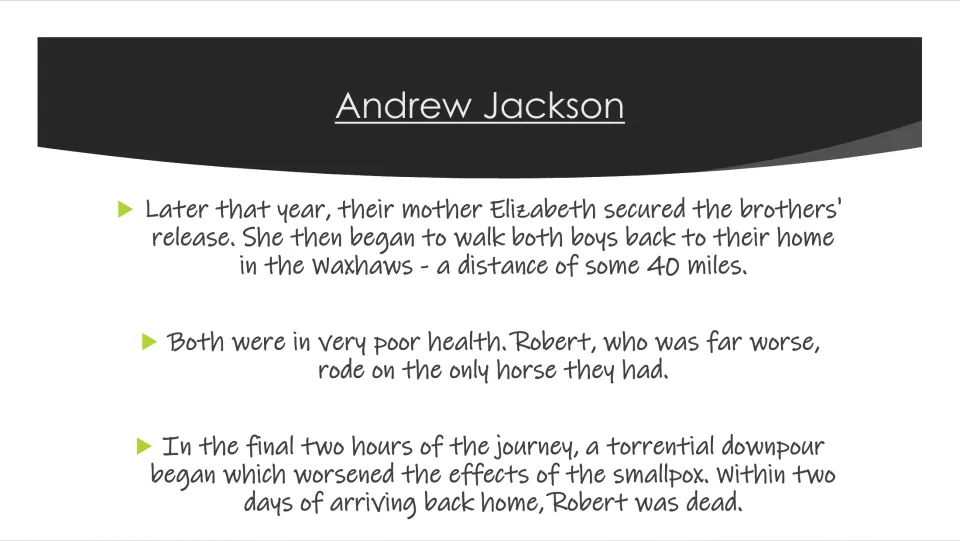 Biography slide describing Elizabeth securing her sons' release, their journey home, and Robert's death