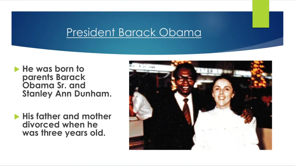 Family slide naming Obama's parents, Barack Obama Sr. and Stanley Ann Dunham, and noting their divorce