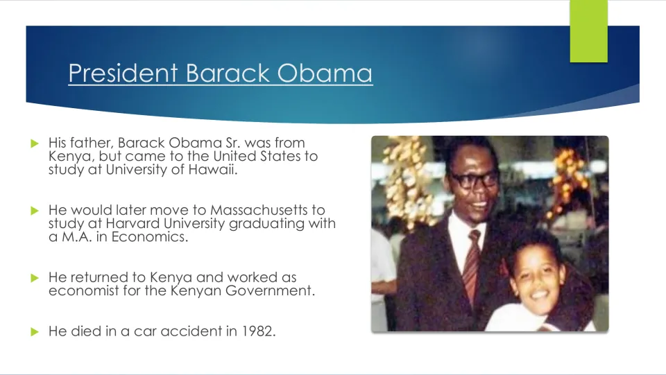Father's biography slide: Barack Obama Sr.'s Kenyan origins, university studies, government work, and death