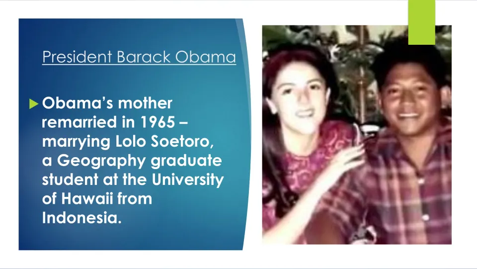 Family biography slide about Obama's mother's 1965 marriage to Lolo Soetoro, a geography graduate student
