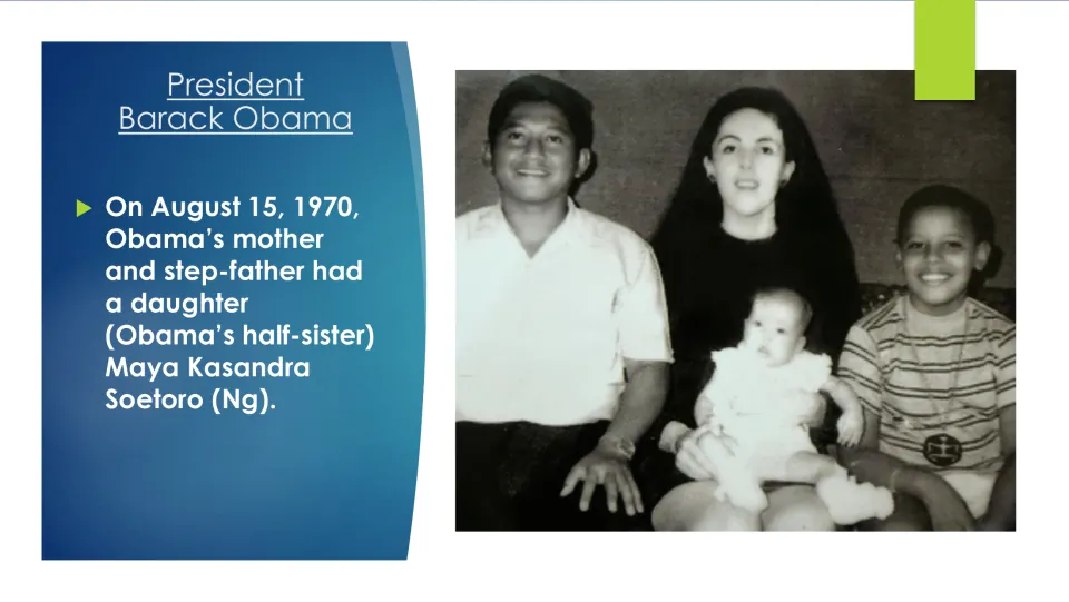 Family slide introducing Obama's half-sister, Maya Kasandra Soetoro (Ng), born August 15, 1970