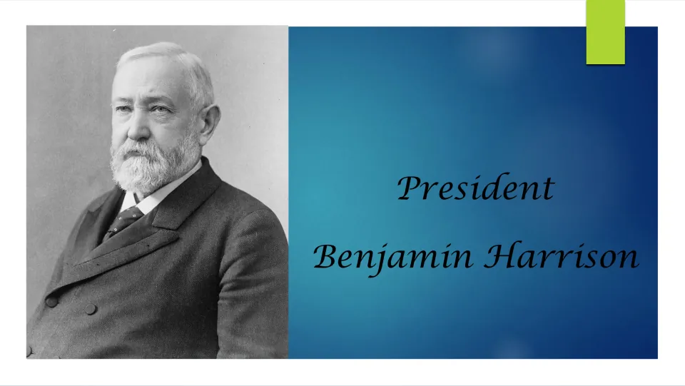 Biography presentation cover featuring a portrait of Benjamin Harrison and the heading naming him president