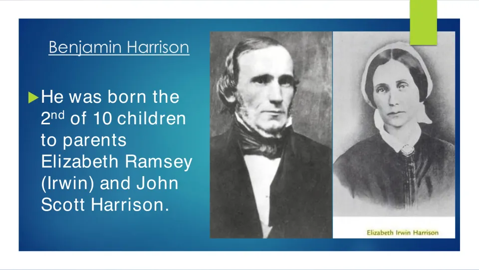 Family slide naming Elizabeth Ramsey (Irwin) and John Scott Harrison as his parents, with their portraits