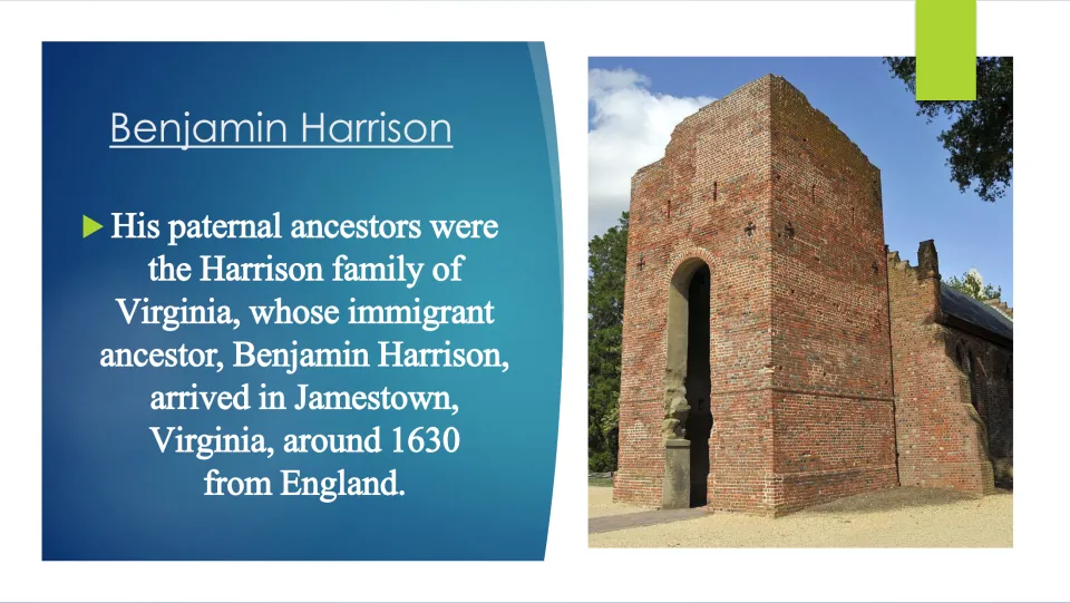 Ancestry slide tracing Harrison’s paternal family to an English immigrant who reached Jamestown around 1630