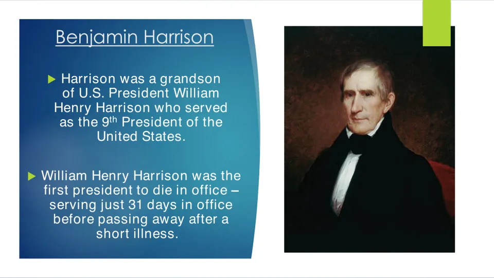 Family history slide identifying William Henry Harrison as his grandfather and the ninth U.S. president