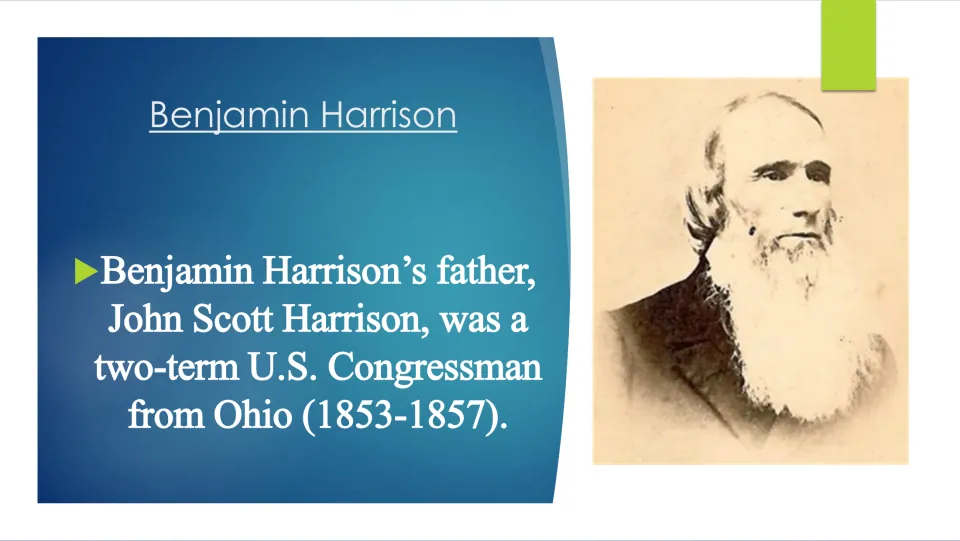 Family slide describing his father, John Scott Harrison, as a two-term U.S. congressman from Ohio, 1853–1857