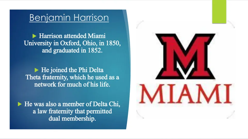 Education slide covering Harrison’s Miami University attendance, 1852 graduation, and fraternity memberships