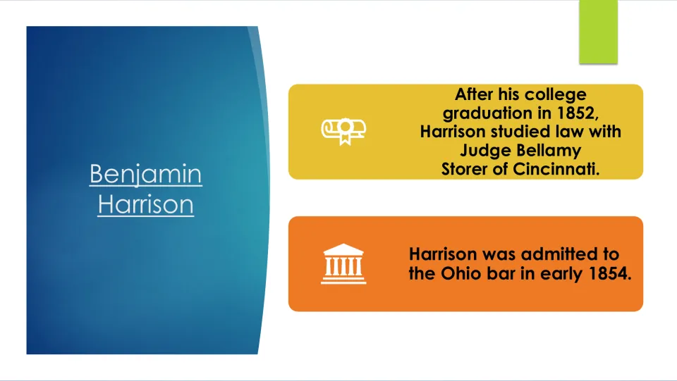 Legal training slide describing study with Judge Bellamy Storer after college and Ohio bar admission in 1854