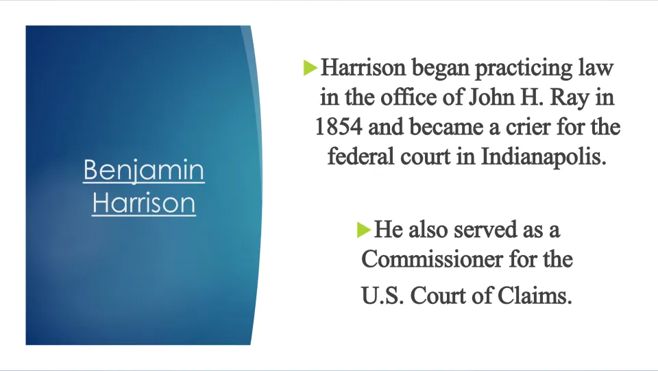 Early career slide covering Harrison’s law practice with John H. Ray and federal court roles in Indianapolis