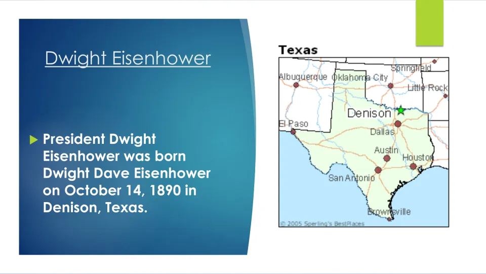 Biography slide introducing Eisenhower’s birth on October 14, 1890, in Denison, Texas, with a Texas map