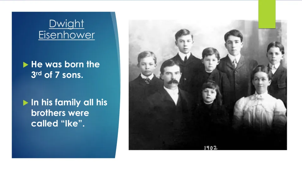 Biography slide describing Eisenhower as the third of seven sons and the brothers’ shared nickname, 'Ike'