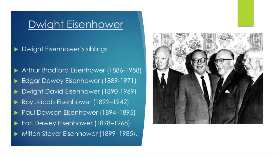 Biography slide listing the seven Eisenhower sons, their full names and life dates, beside a photograph