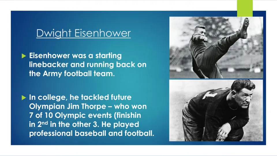 Biography slide covering Eisenhower’s Army football positions and his tackle of athlete Jim Thorpe