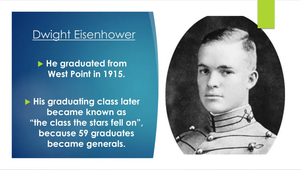 Biography slide on Eisenhower’s 1915 West Point graduation and the 59 graduates who became generals