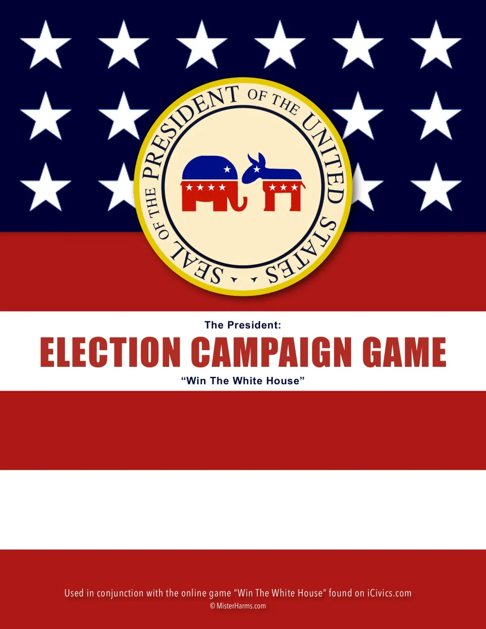 Election Campaign Game cover: Win The White House question set for the iCivics online game, shown with a presidential seal