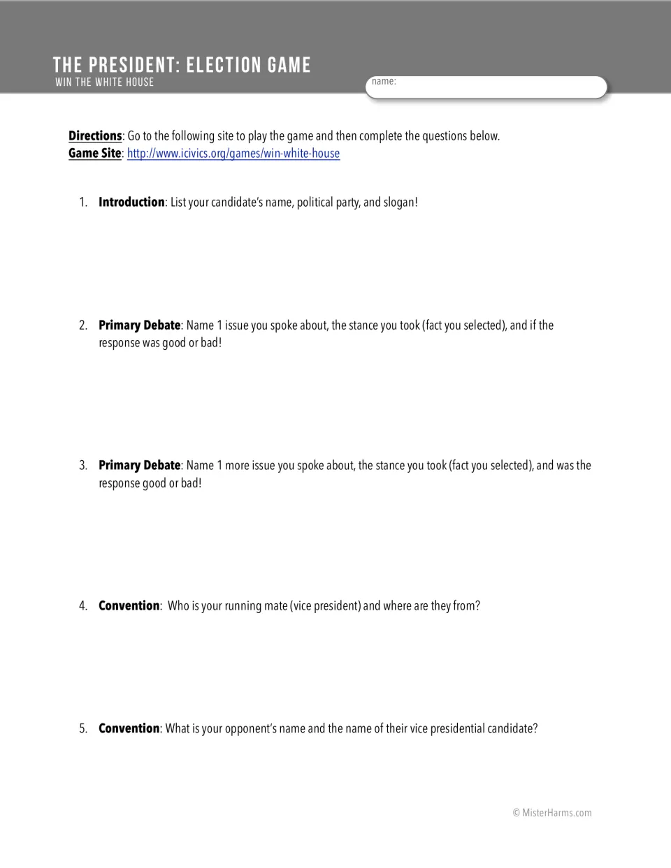 Election game questions 1-5: students record their candidate, primary debate stances and convention running mate