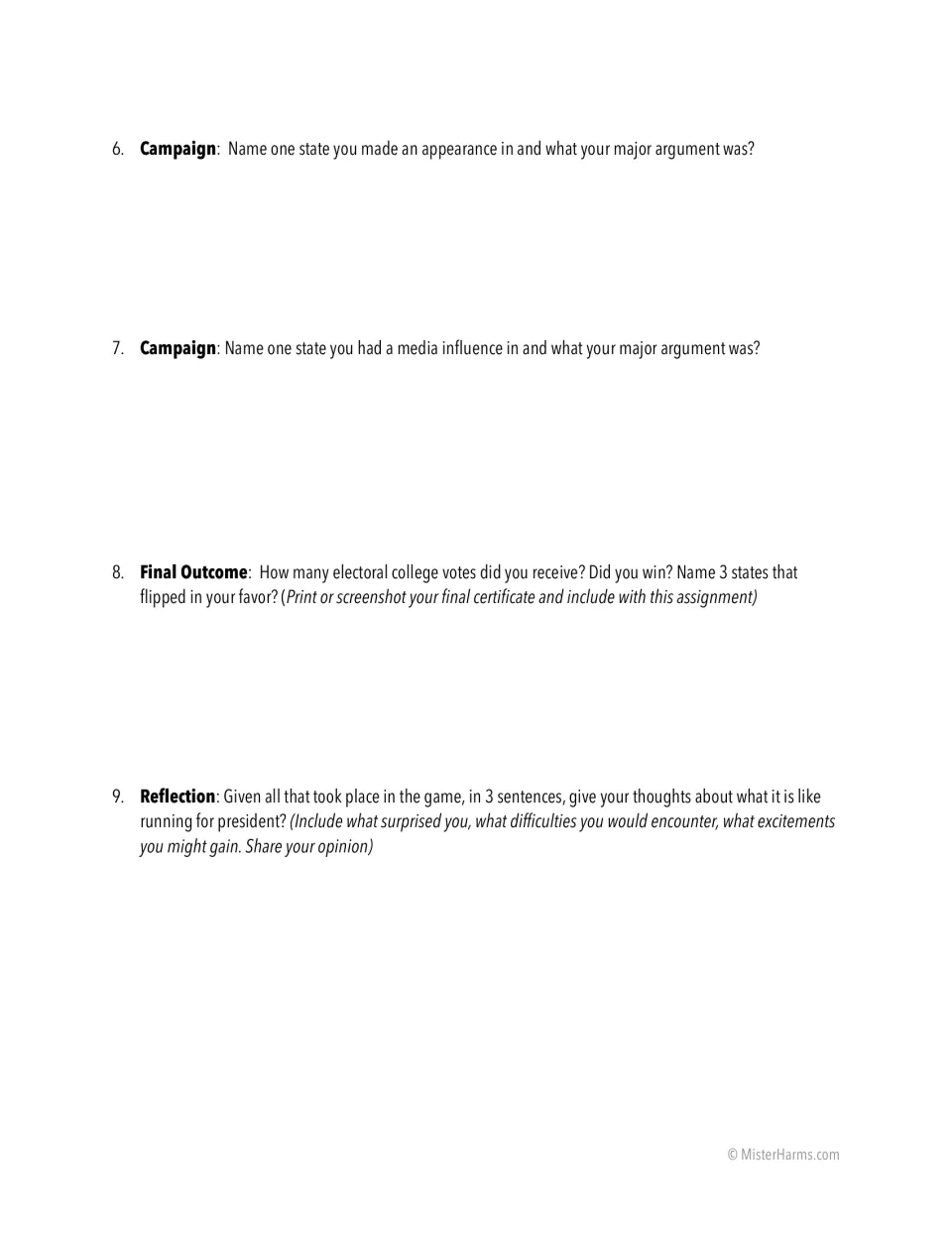 Election game questions 6-9: students note campaign states, electoral votes won and write a 3-sentence reflection