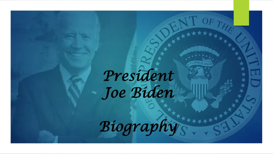 Joe Biden biography cover slide featuring his portrait, the presidential seal, and the word 'Biography'