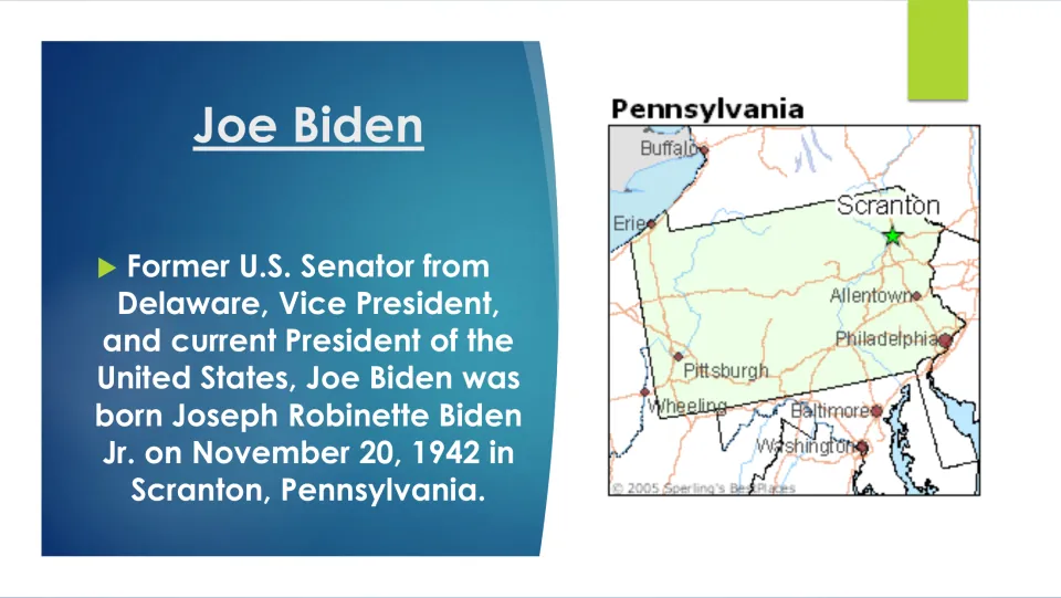 Biography slide introducing Joe Biden's full name, November 20, 1942 birth date, and Scranton birthplace