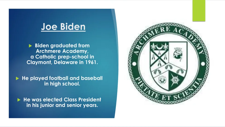 Biography slide on Biden's 1961 Archmere Academy graduation, high school sports, and class presidency