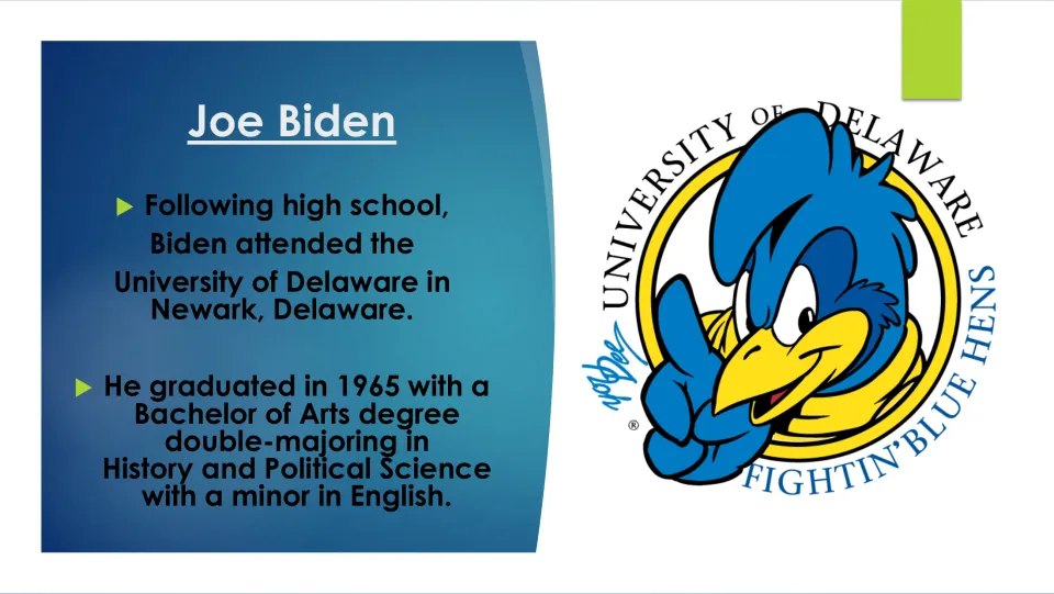 Biography slide on Biden's 1965 University of Delaware degree in history and political science