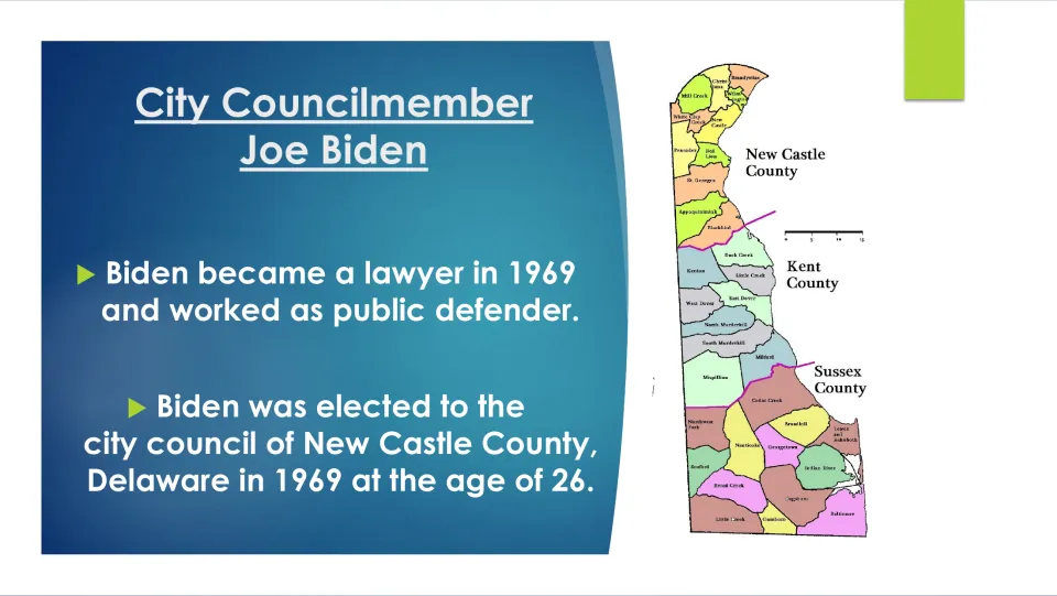 Biography slide describing Biden's work as a lawyer and public defender and his New Castle County council role