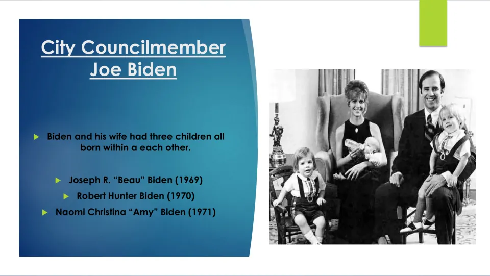 Biography slide listing Biden's children Beau (1969), Robert Hunter (1970), and Naomi Christina (1971)