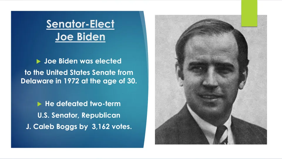 Biography slide on Biden's 1972 Senate election in Delaware and victory over Republican J. Caleb Boggs