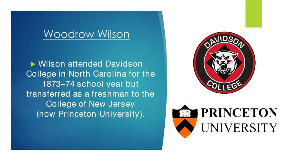 Biography slide tracing Wilson’s 1873–74 year at Davidson College and transfer to the College of New Jersey