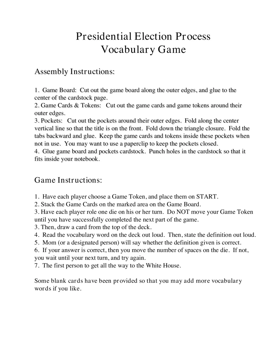 Assembly steps and game rules: say the drawn word's definition correctly to move toward the White House