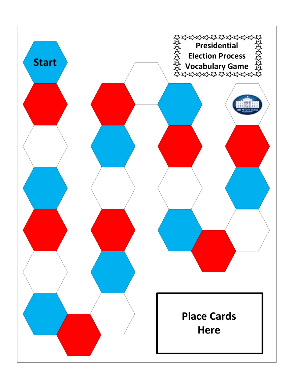 Game board path of red, white and blue spaces from Start to the White House, with a 'Place Cards Here' spot