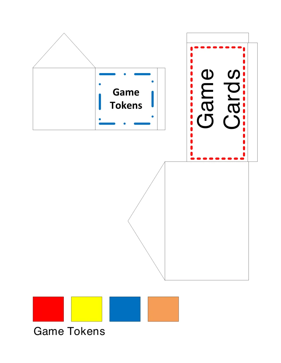 Cut-and-fold pockets labeled 'Game Tokens' and 'Game Cards' for storage, plus red, yellow, blue and orange tokens