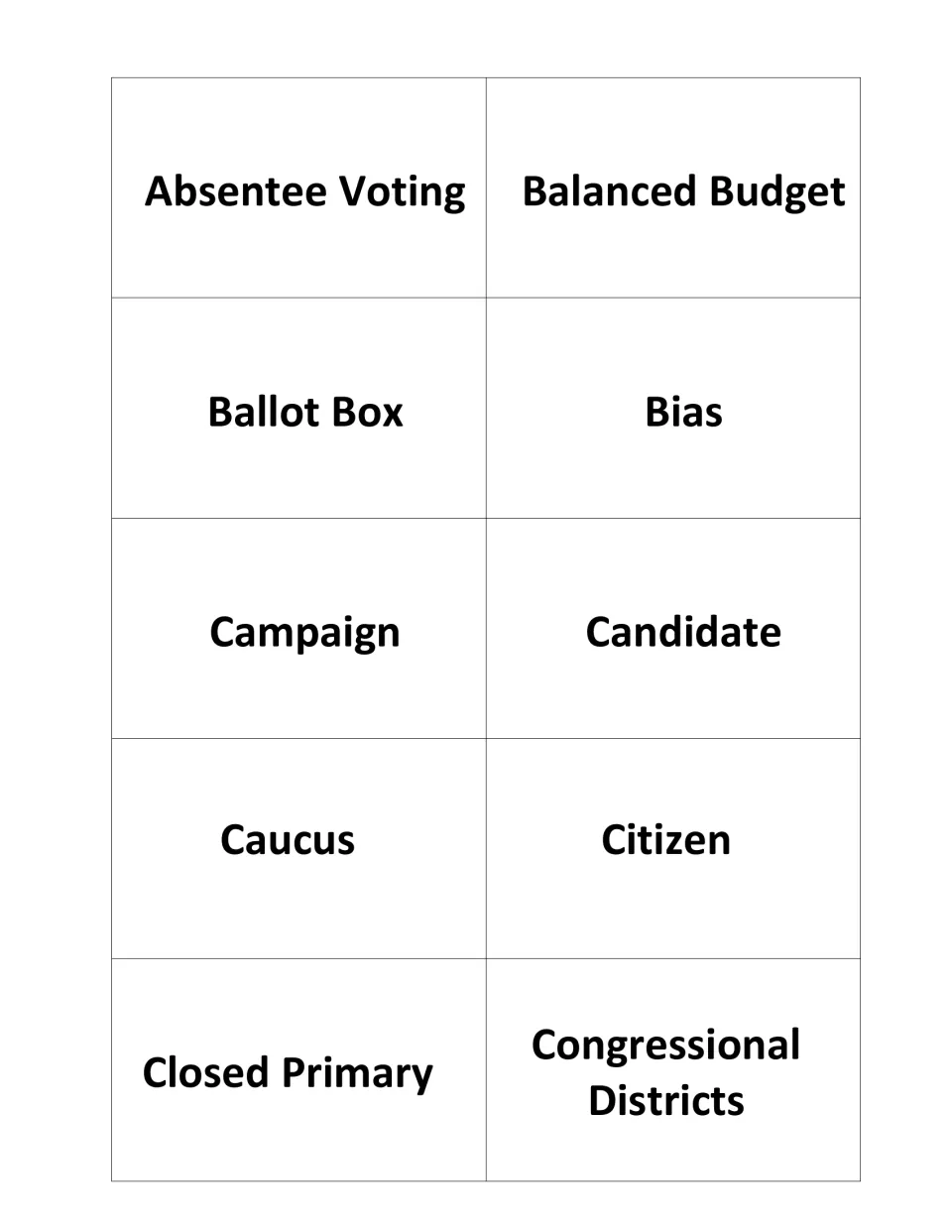 Game cards 1–10: Absentee Voting, Balanced Budget, Ballot Box, Bias and six more through Congressional Districts