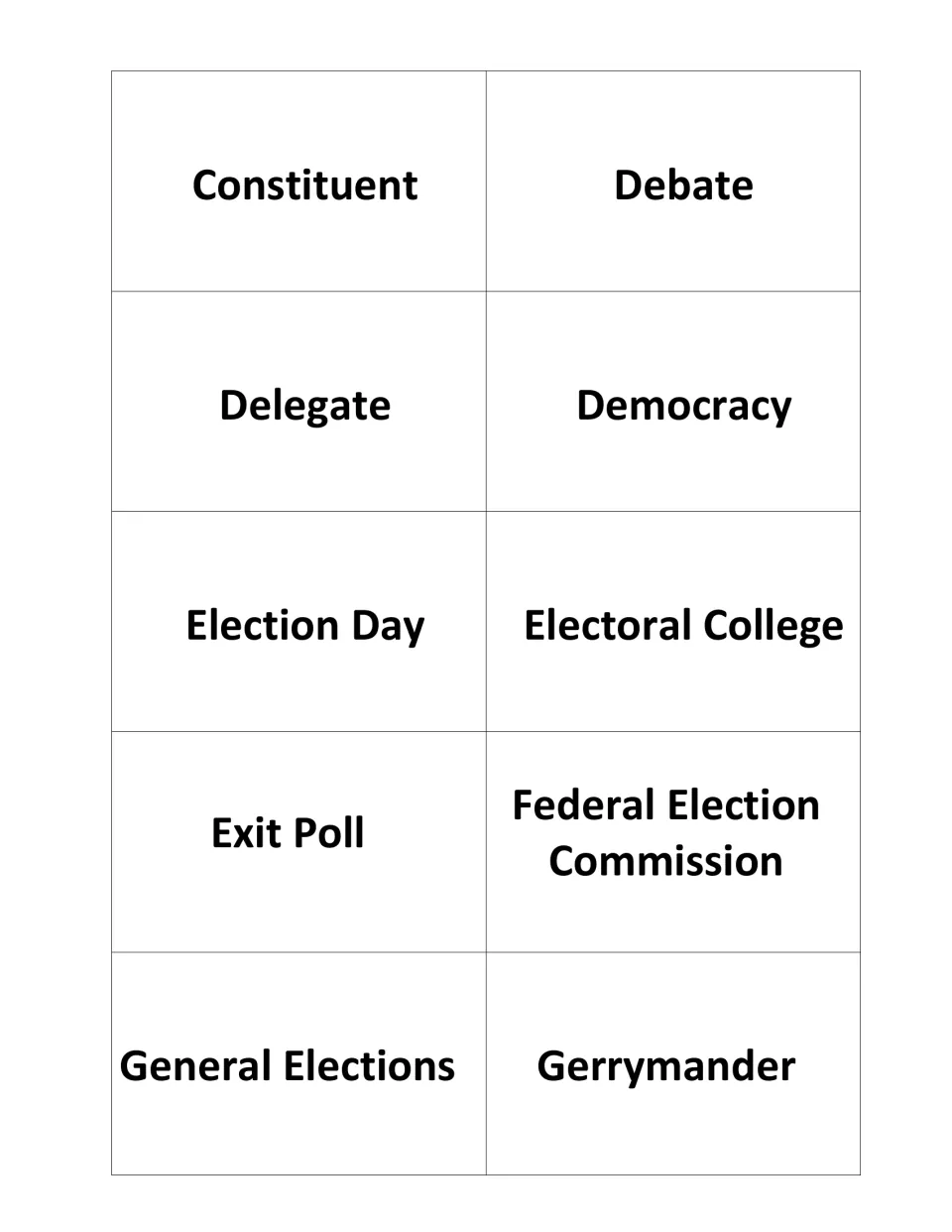 Game cards 11–20: Constituent, Debate, Delegate, Democracy, Electoral College and five more through Gerrymander