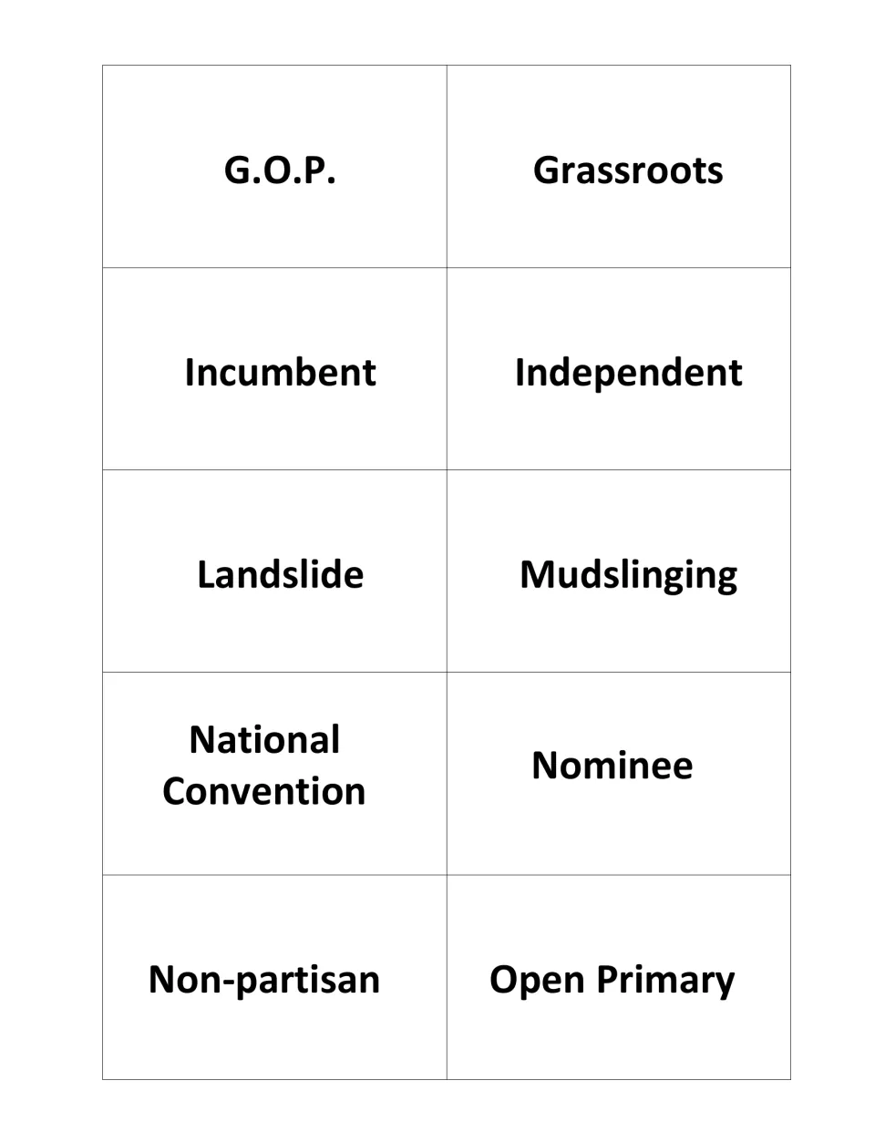 Game cards 21–30: G.O.P., Grassroots, Incumbent, Independent, Landslide, Mudslinging and four more to Open Primary