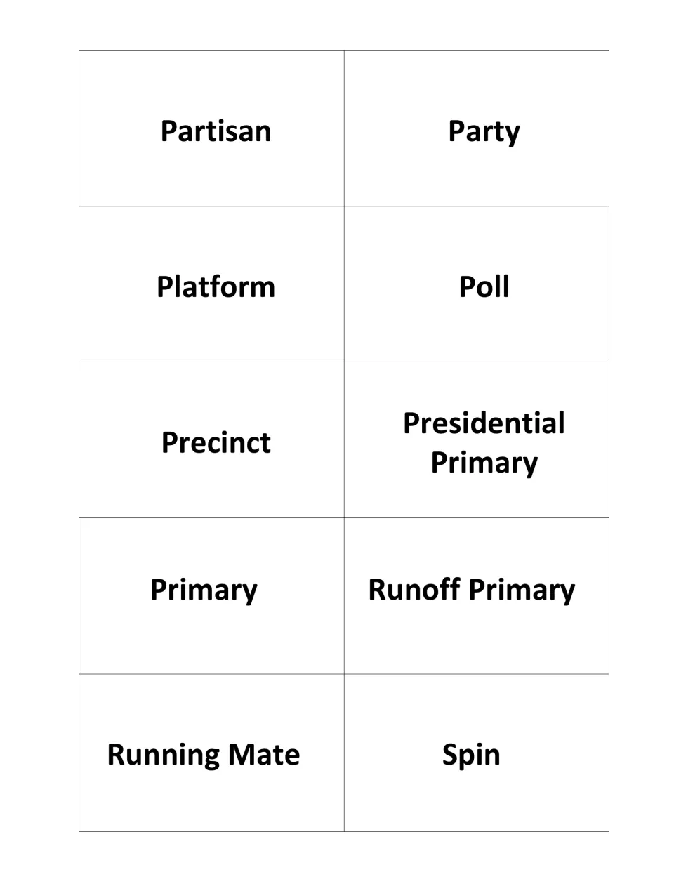 Game cards 31–40: Partisan, Party, Platform, Poll, Precinct, Presidential Primary and four more through Spin