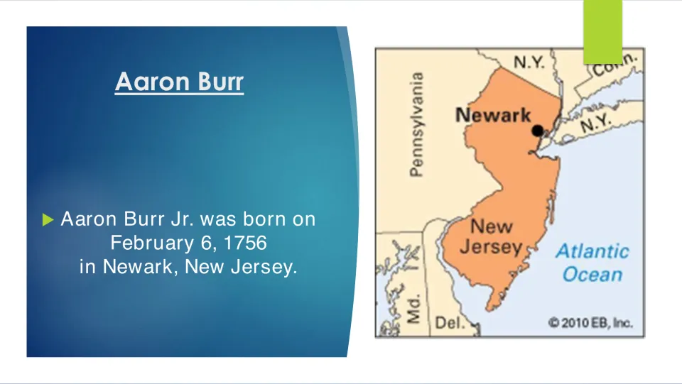 Biography slide identifying Aaron Burr Jr.'s birth on February 6, 1756, in Newark, New Jersey, with a map