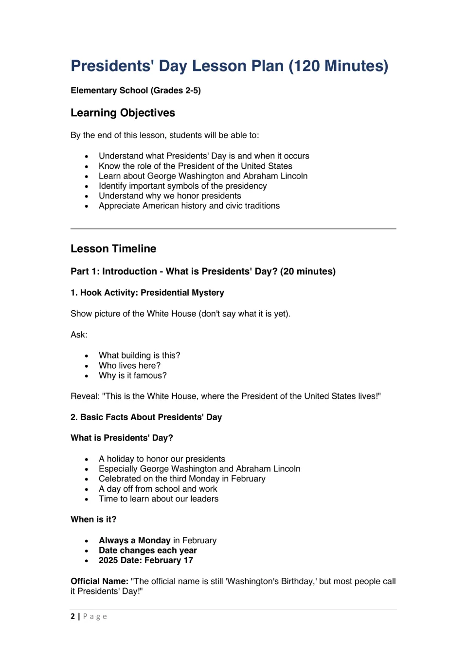 120-minute lesson opener: objectives, a White House mystery hook and basic facts on when Presidents' Day falls each February