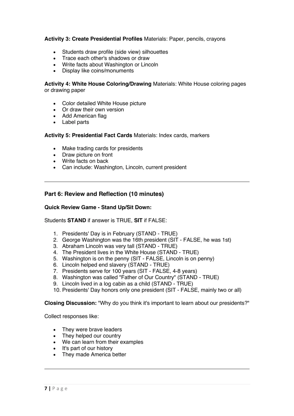 Profile, White House coloring and fact card activities, then a 10-statement Stand Up/Sit Down true-or-false review game