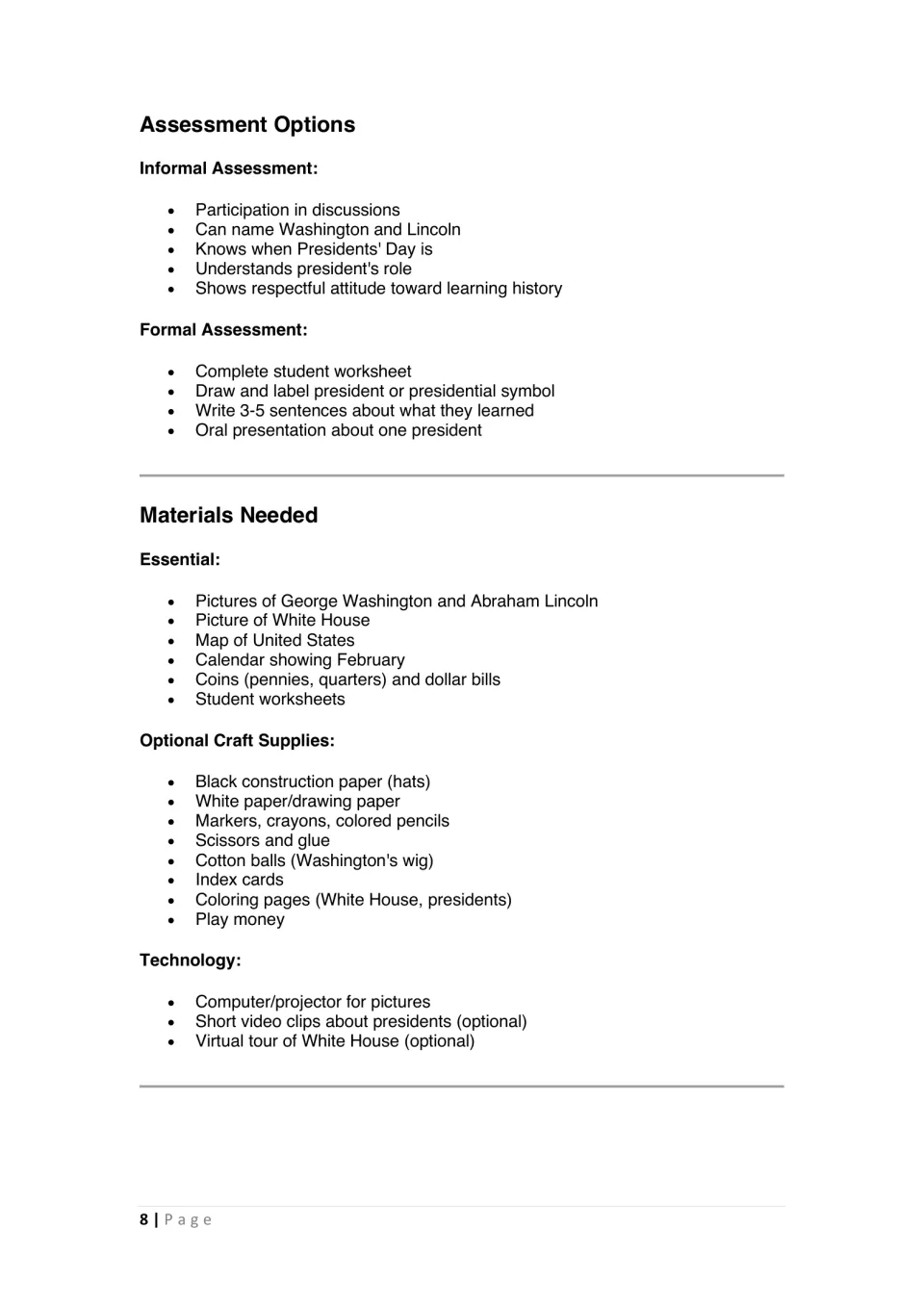 Informal and formal assessment options for the presidents lesson, followed by essential, craft and technology materials