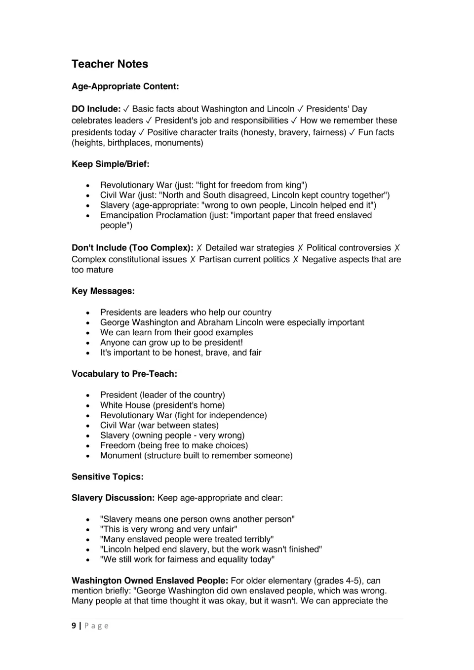 Teacher notes on what to include or keep simple, key messages, vocabulary to pre-teach and guidance for discussing slavery