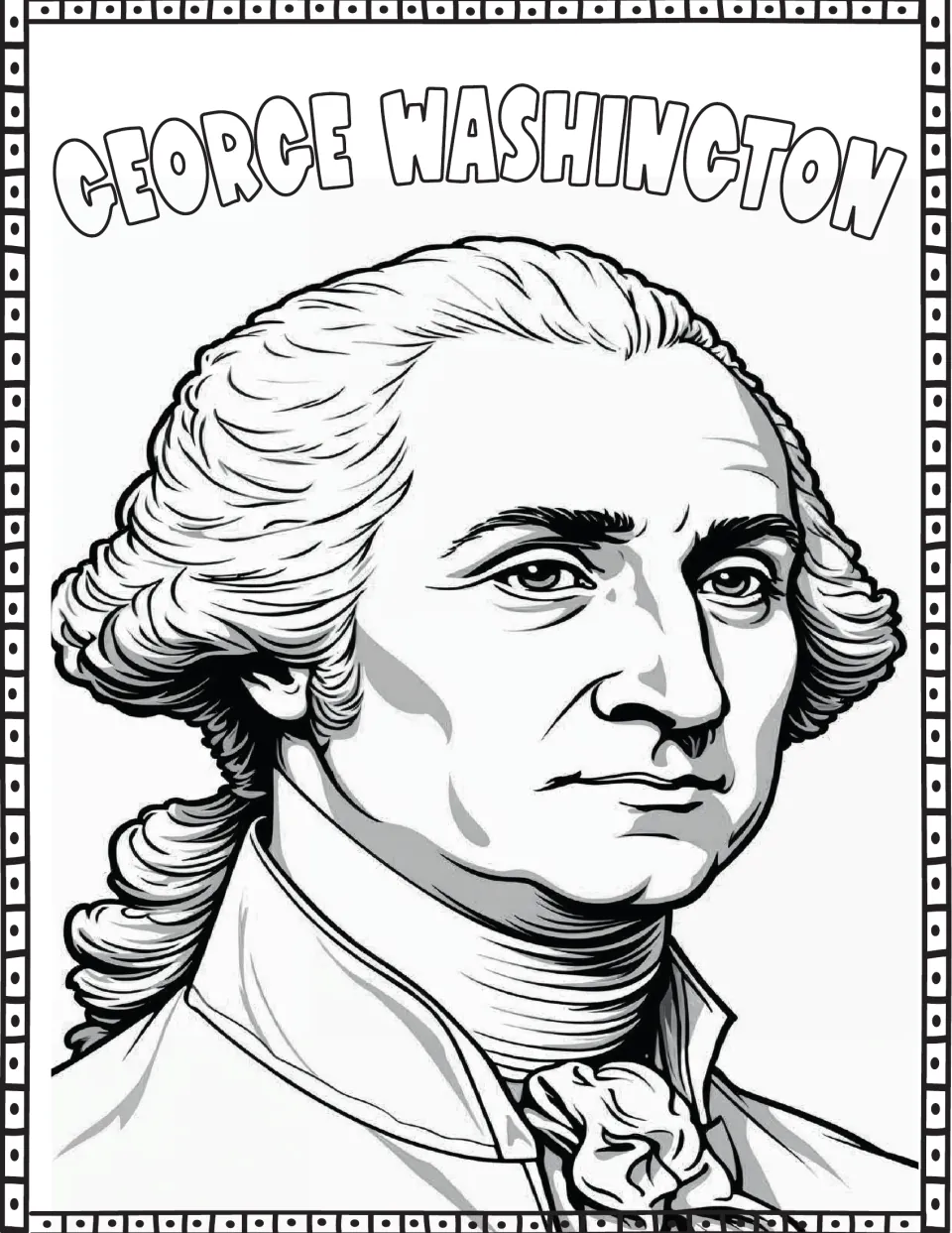 Presidents' Day coloring page featuring George Washington's portrait and his name in outlined letters