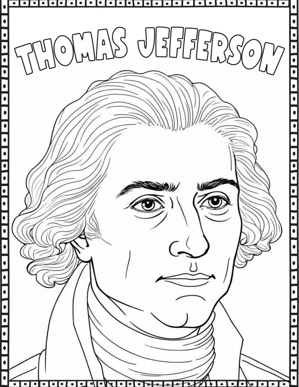 Presidents' Day coloring page featuring Thomas Jefferson's portrait and his name in outlined letters