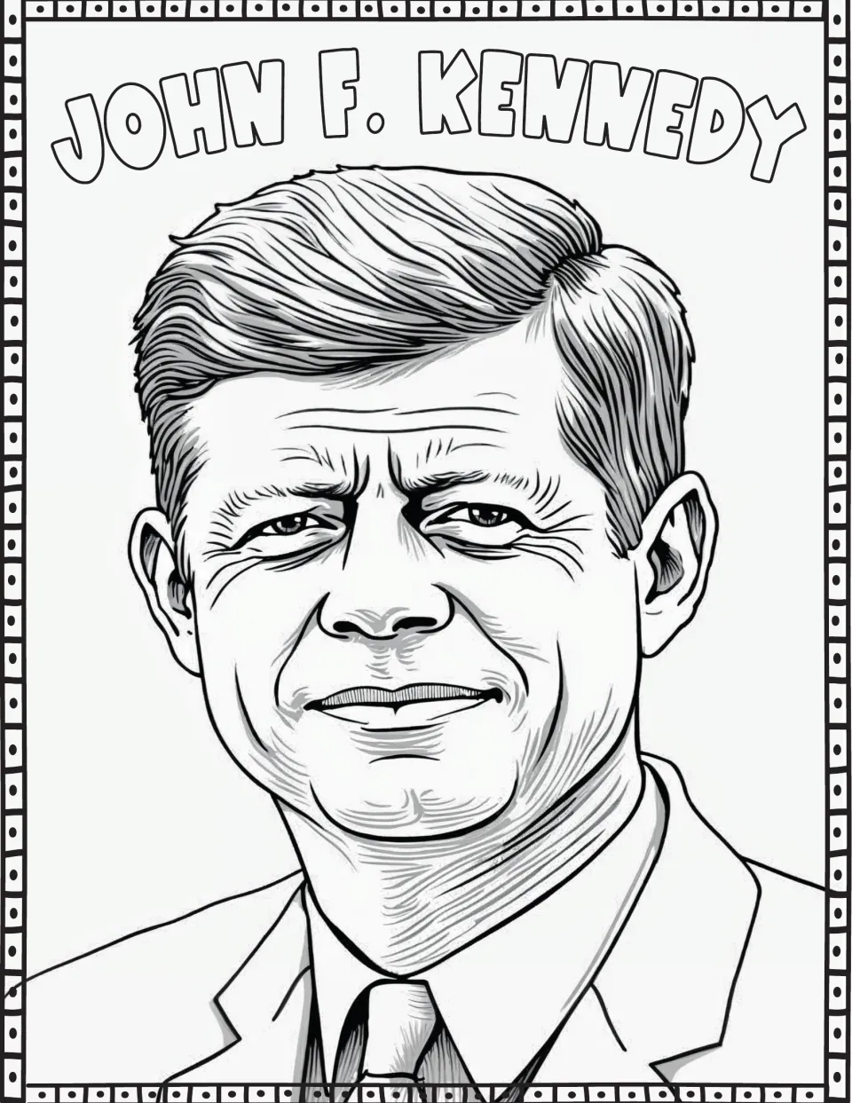 Presidents' Day coloring page featuring John F. Kennedy's portrait and his name in outlined letters