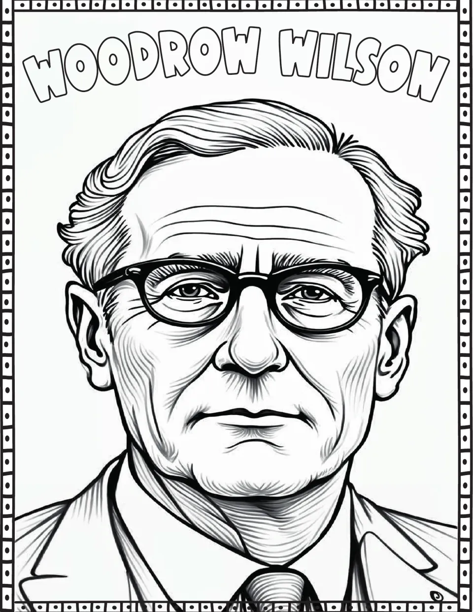 Presidents' Day coloring page featuring Woodrow Wilson's portrait and his name in outlined letters